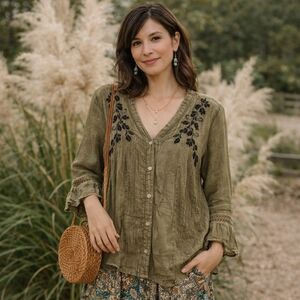 Young Threads Olive Embroidered Boho Blouse Semi Sheer Peasant Top Festival NWT